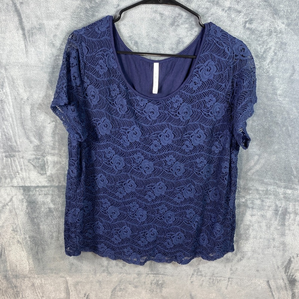 Leo & Nicole Blouse Top Women 2XL Blue Lace Eyelet Crochet Short Sleeve Cottage